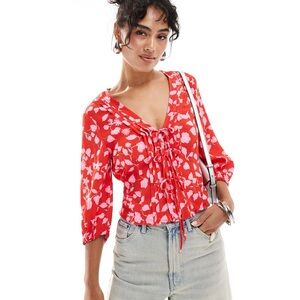 Mango Red Floral Tie-Front Blouse